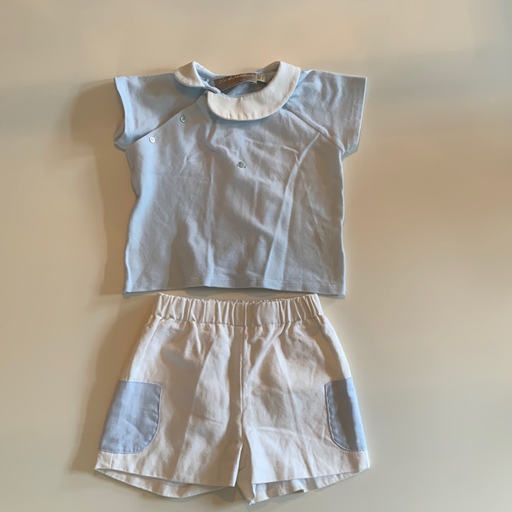 La Stupenderia blue and white short + Peter Pan collar set. Sz 12 mos